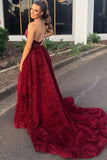 Elegant Strapless Burgundy Long Prom Dress with Side Slit