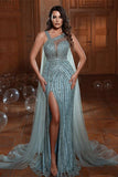 Elegant Straps Mermaid Evening Dress with Sequins, Tulle, and Split Beads