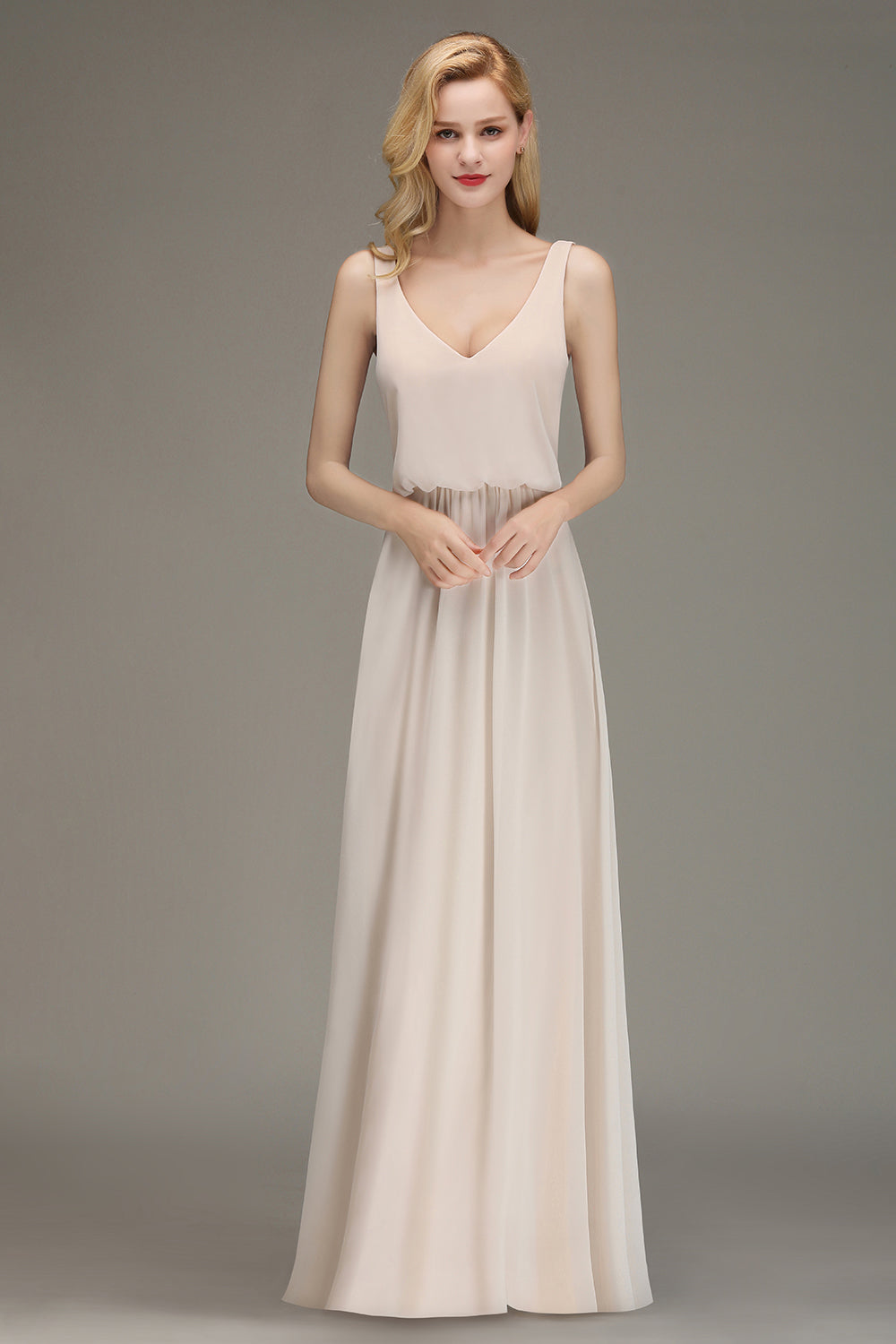 Elegant Straps V-Neck Long Affordable Bridesmaid Dresses with Ruffle-Babyonlines