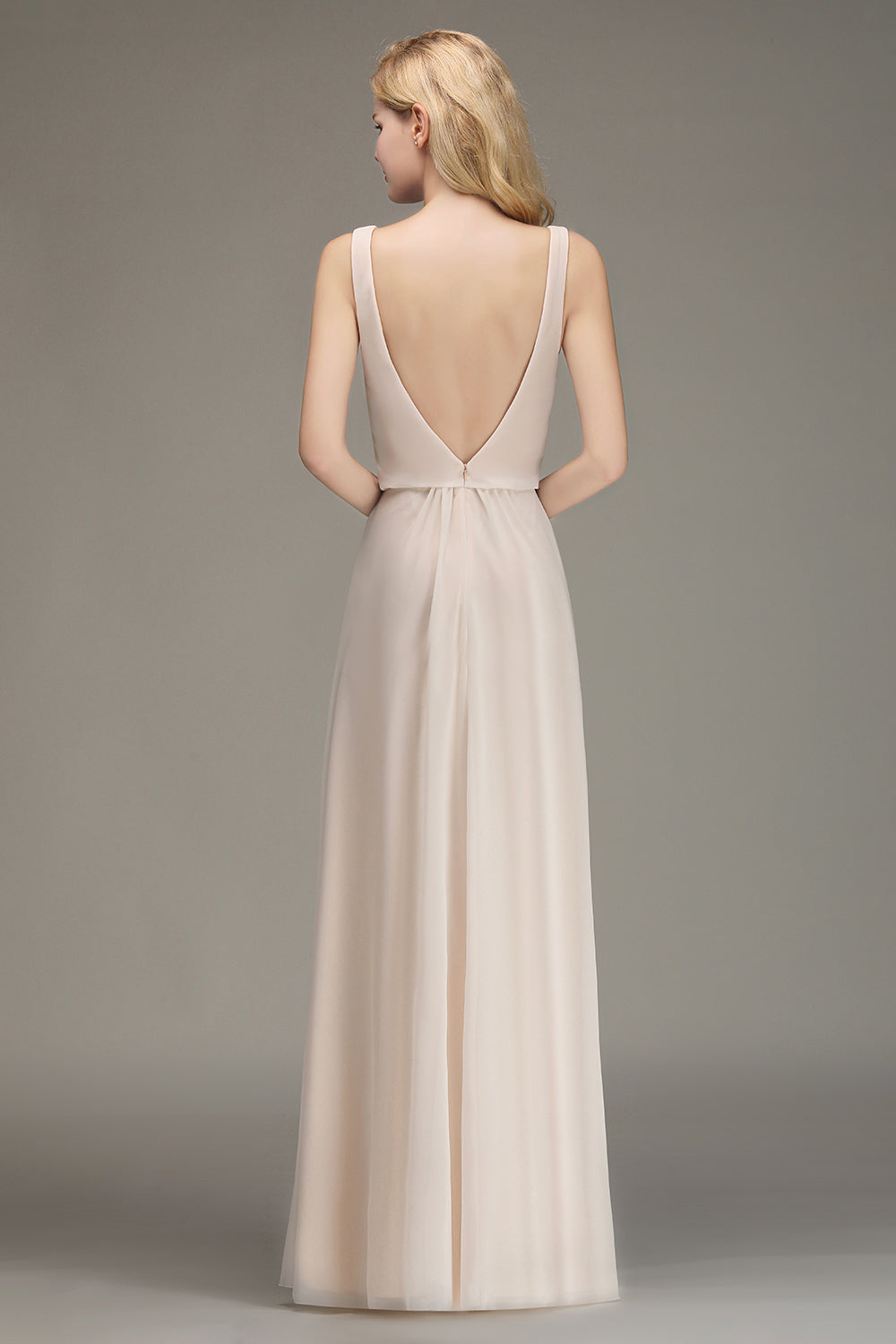 Elegant Straps V-Neck Long Affordable Bridesmaid Dresses with Ruffle-Babyonlines