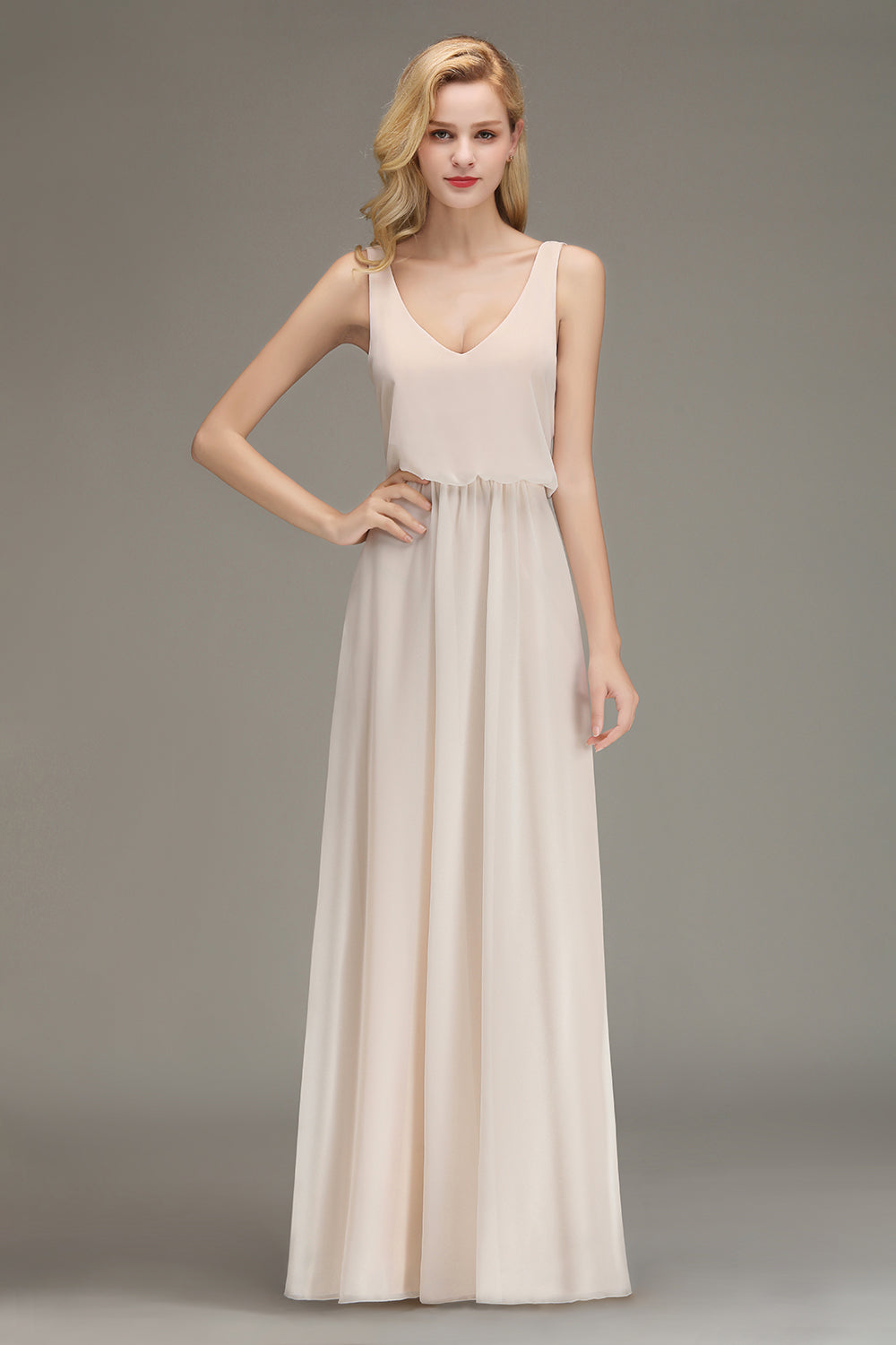 Elegant Straps V-Neck Long Affordable Bridesmaid Dresses with Ruffle-Babyonlines