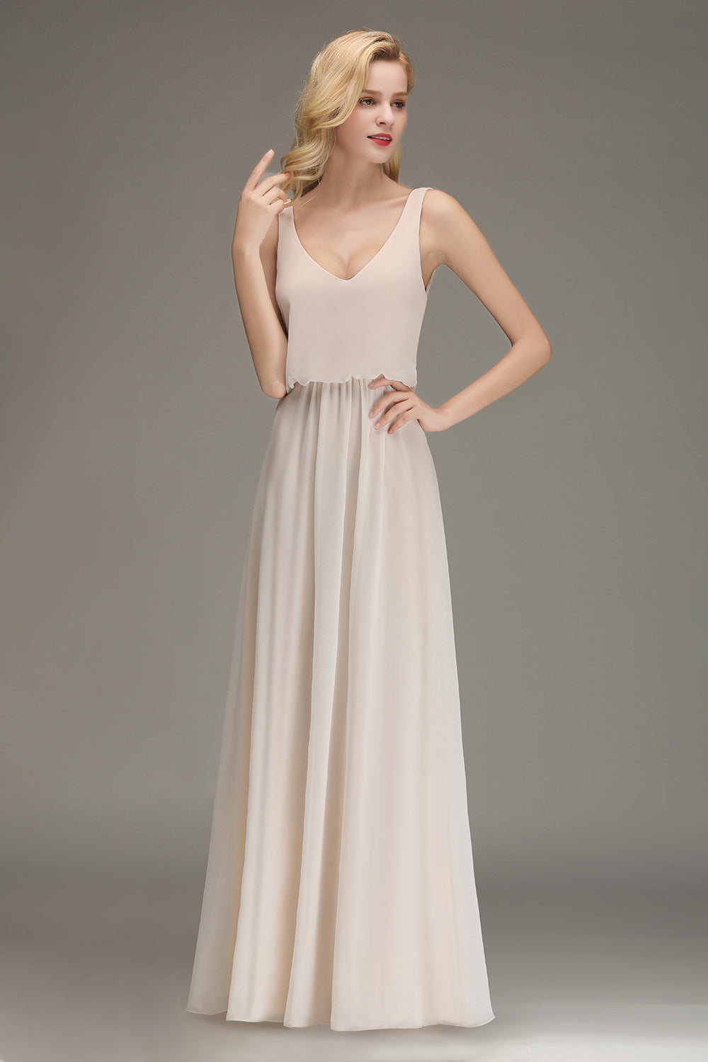 Elegant Straps V-Neck Long Affordable Bridesmaid Dresses with Ruffle-Babyonlines