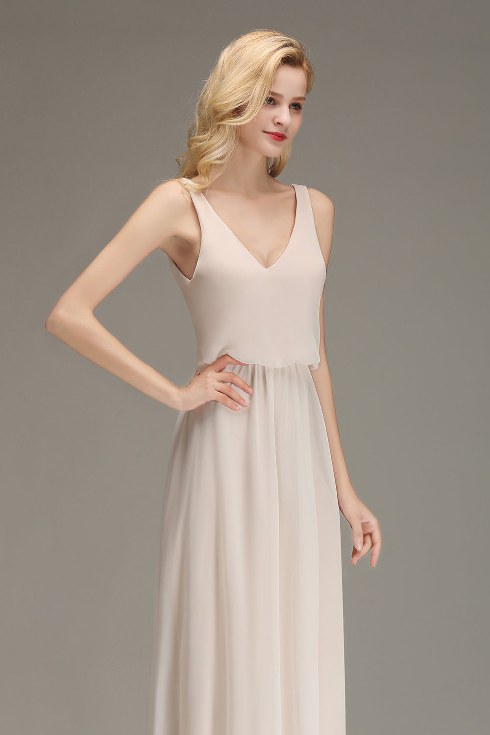 Elegant Straps V-Neck Long Affordable Bridesmaid Dresses with Ruffle-Babyonlines