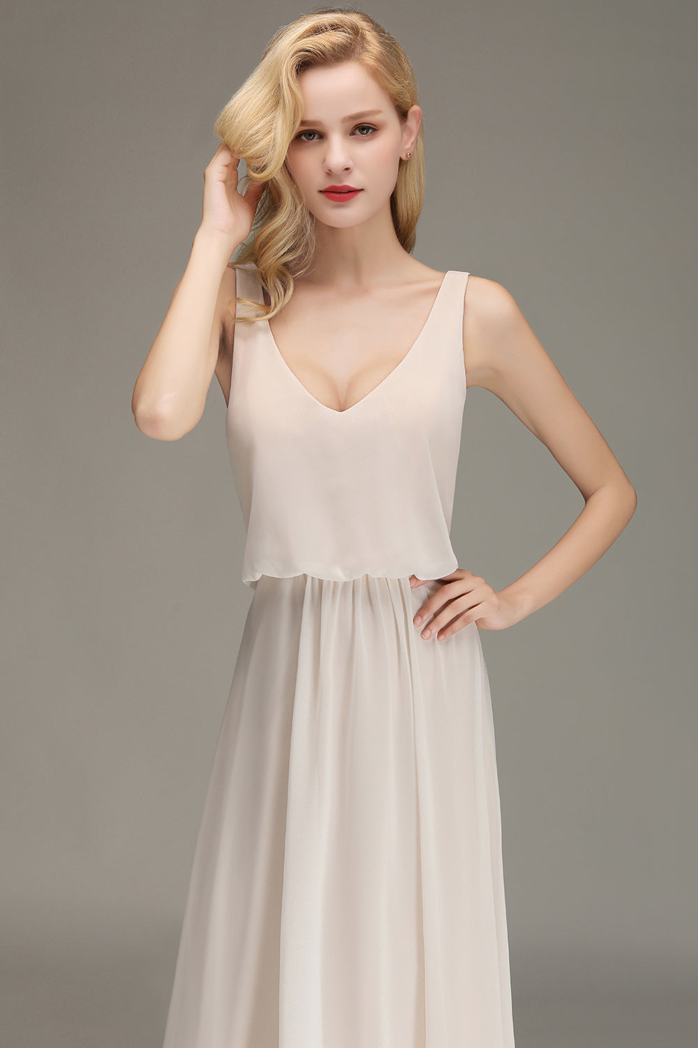 Elegant Straps V-Neck Long Affordable Bridesmaid Dresses with Ruffle-Babyonlines