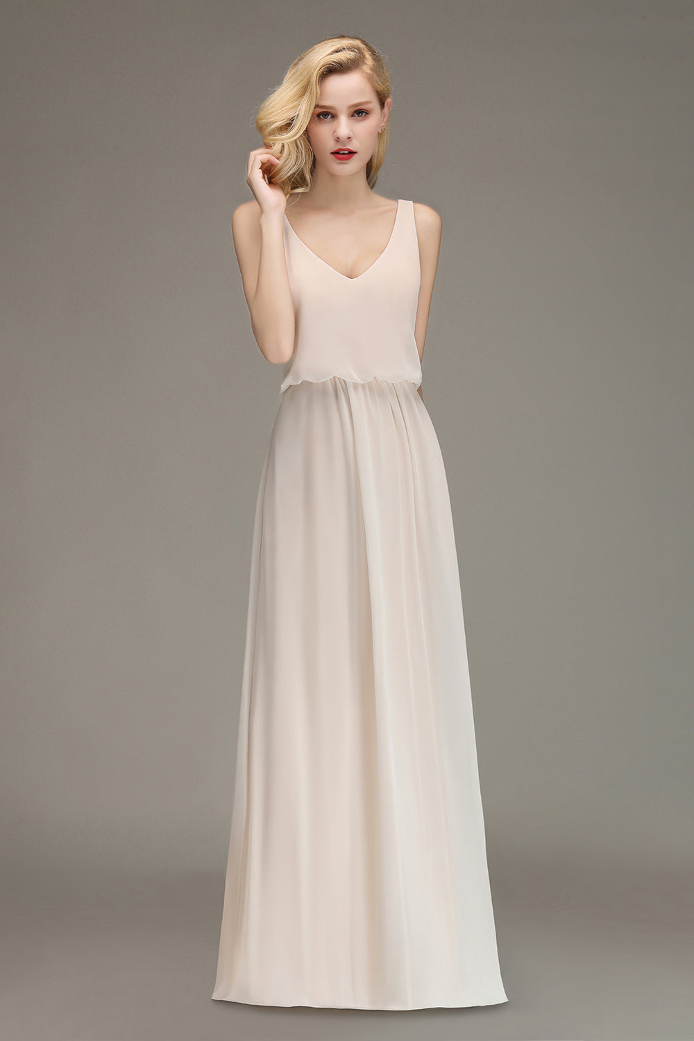 Elegant Straps V-Neck Long Affordable Bridesmaid Dresses with Ruffle-Babyonlines