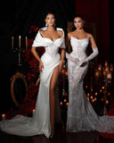 Elegant White Charmeuse Split Off-the-shoulder Wedding Dress