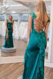 Emerald Green Square Neck Ruffle Slit Prom Dress