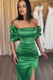 Emerald Off-the-Shoulder Evening Dress with Split