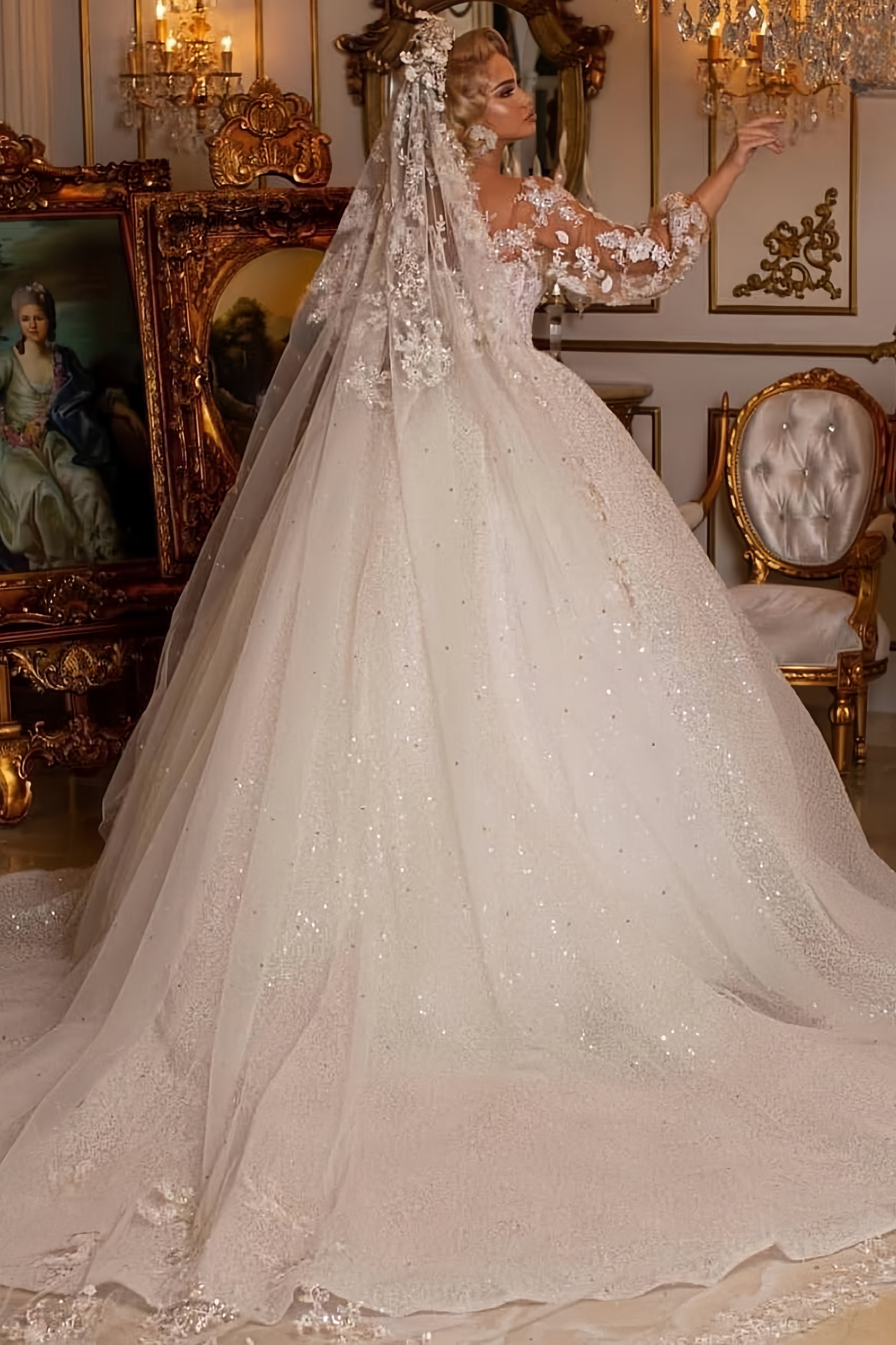 Luxury Long Ball Gown with Puffy Sleeves and Appliques