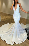 Fantasy White Sleeveless V Neck Halter Evening Dress with Sequins