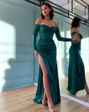 Fashion Peacock Strapless Prom Dress Long Sleeve Split Pleated