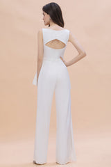 Fashion V-Neck Lace Side Slit Bridesmaid Jumpsuits with Hollowout On Sale-Babyonlines