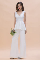 Fashion V-Neck Lace Side Slit Bridesmaid Jumpsuits with Hollowout On Sale-Babyonlines