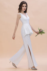 Fashion V-Neck Lace Side Slit Bridesmaid Jumpsuits with Hollowout On Sale-Babyonlines