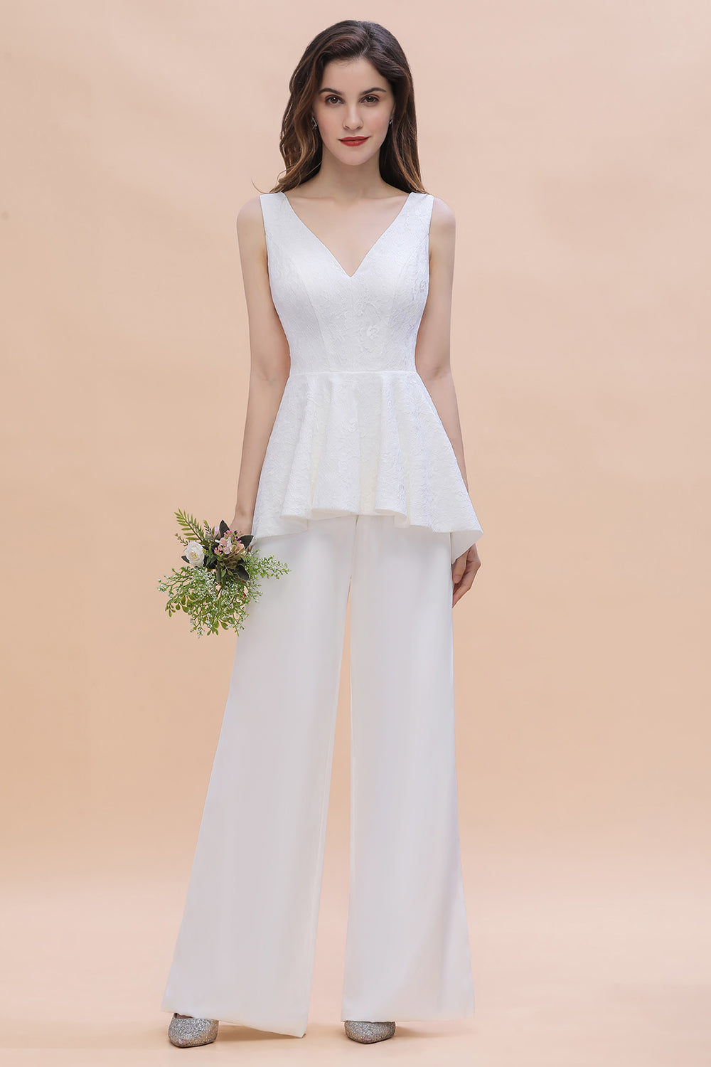 Fashion V-Neck Lace Side Slit Bridesmaid Jumpsuits with Hollowout On Sale-Babyonlines