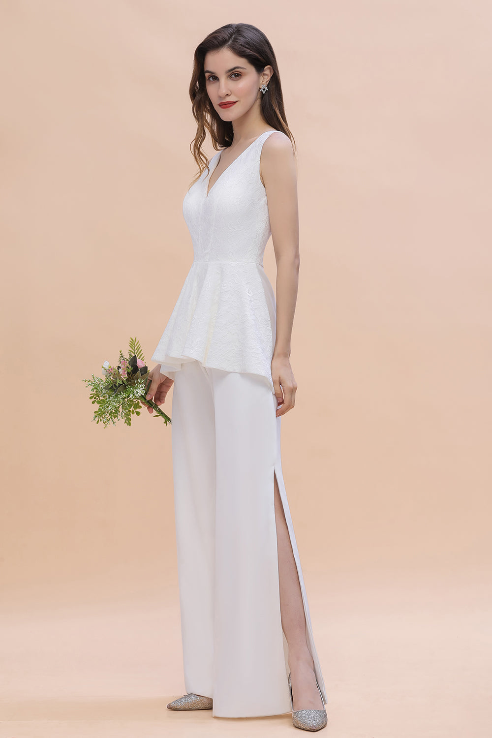 Fashion V-Neck Lace Side Slit Bridesmaid Jumpsuits with Hollowout On Sale-Babyonlines