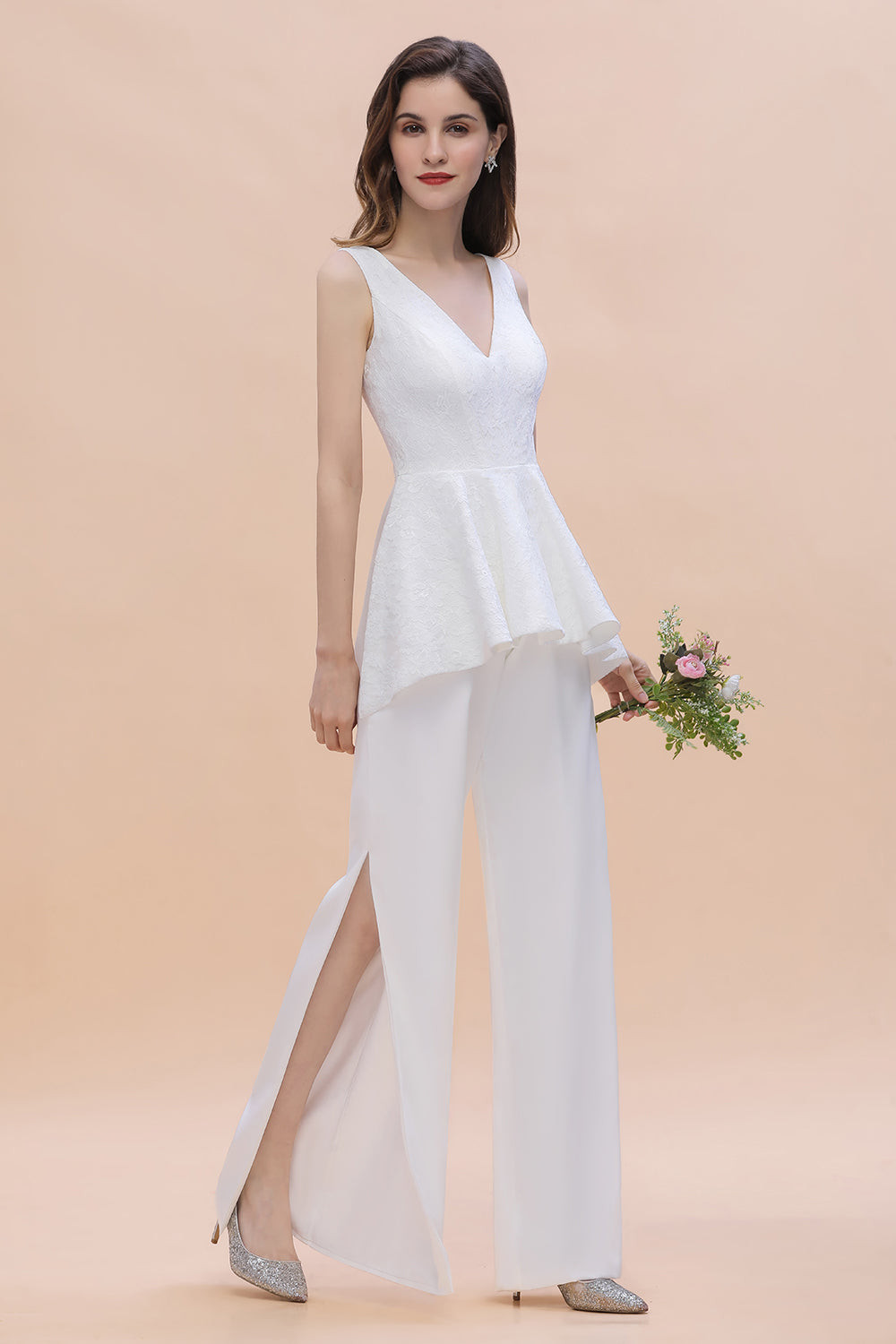 Fashion V-Neck Lace Side Slit Bridesmaid Jumpsuits with Hollowout On Sale-Babyonlines