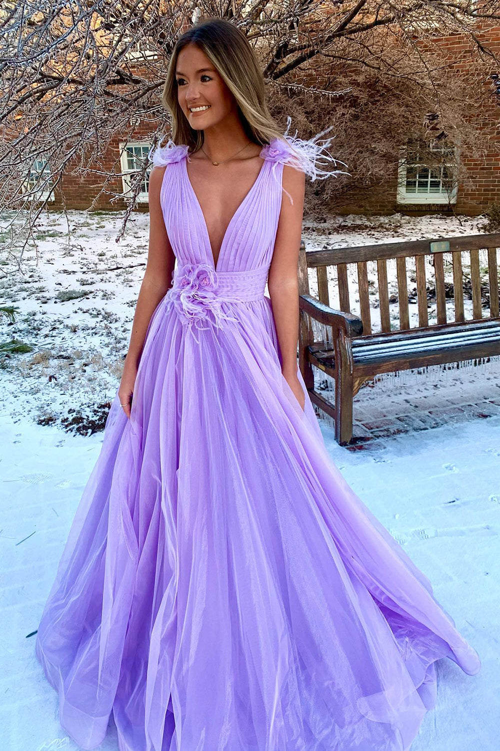 Feathers Backlesss Pink Plunging V-Neck Tulle Long Formal Dress