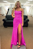 Fuchsia Mermaid Strapless Sequins Lace-Up Long Prom Dress with Slit