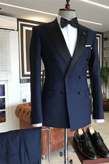 Gentle Dark Navy Double-Breasted Evening Suit with Peaked Lapel for Men