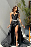 Glamorous Black Strapless Prom Dress with Belt Split Design