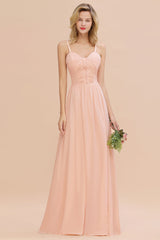 Glamorous Chiffon Spaghetti Straps Ruffle Long Bridesmaid Dress Affordable-Babyonlines