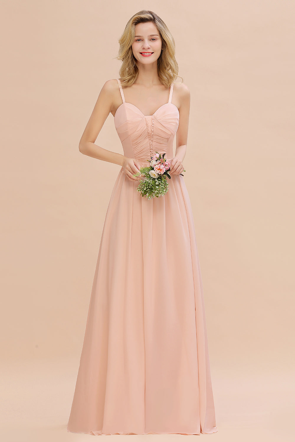 Glamorous Chiffon Spaghetti Straps Ruffle Long Bridesmaid Dress Affordable-Babyonlines