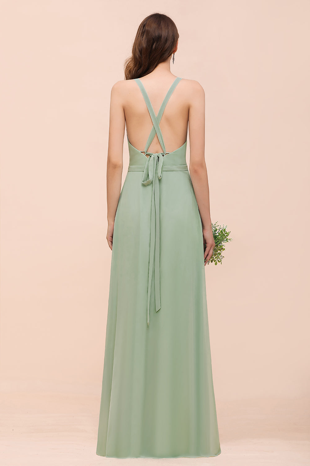 Glamorous Dusty Sage V-Neck Straps Affordable Bridesmaid Dress-Babyonlines