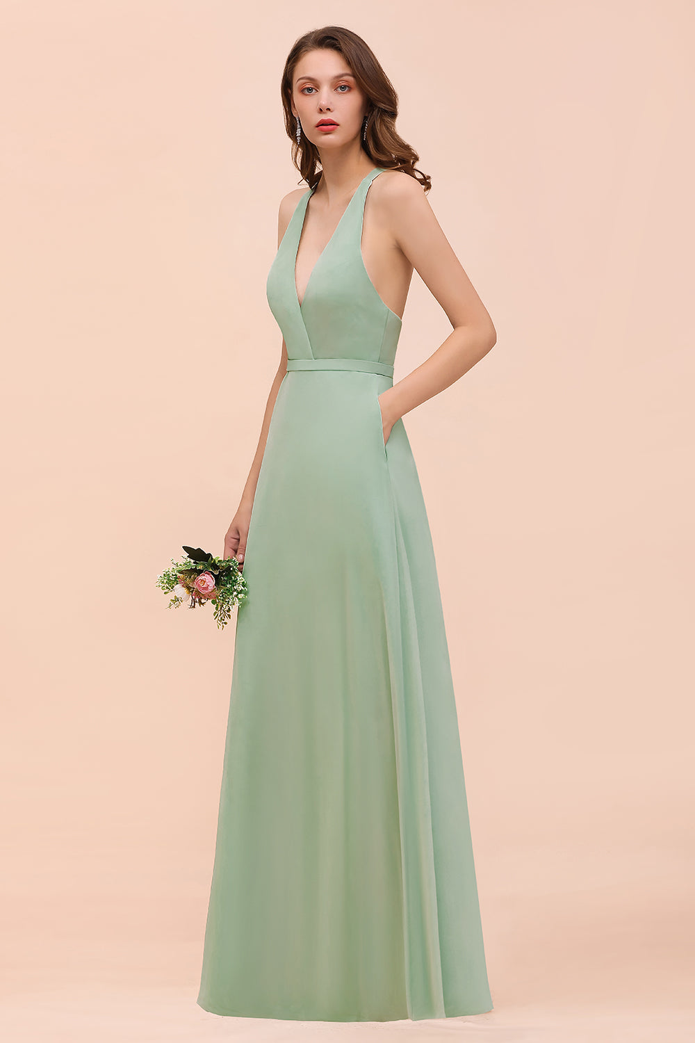 Glamorous Dusty Sage V-Neck Straps Affordable Bridesmaid Dress-Babyonlines