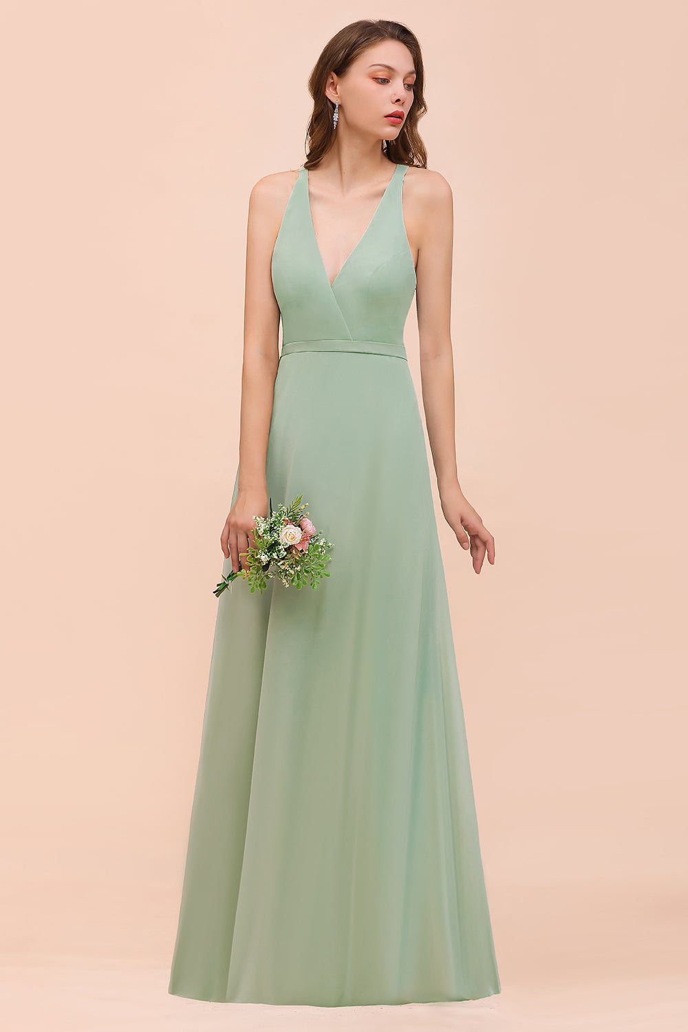 Glamorous Dusty Sage V-Neck Straps Affordable Bridesmaid Dress-Babyonlines