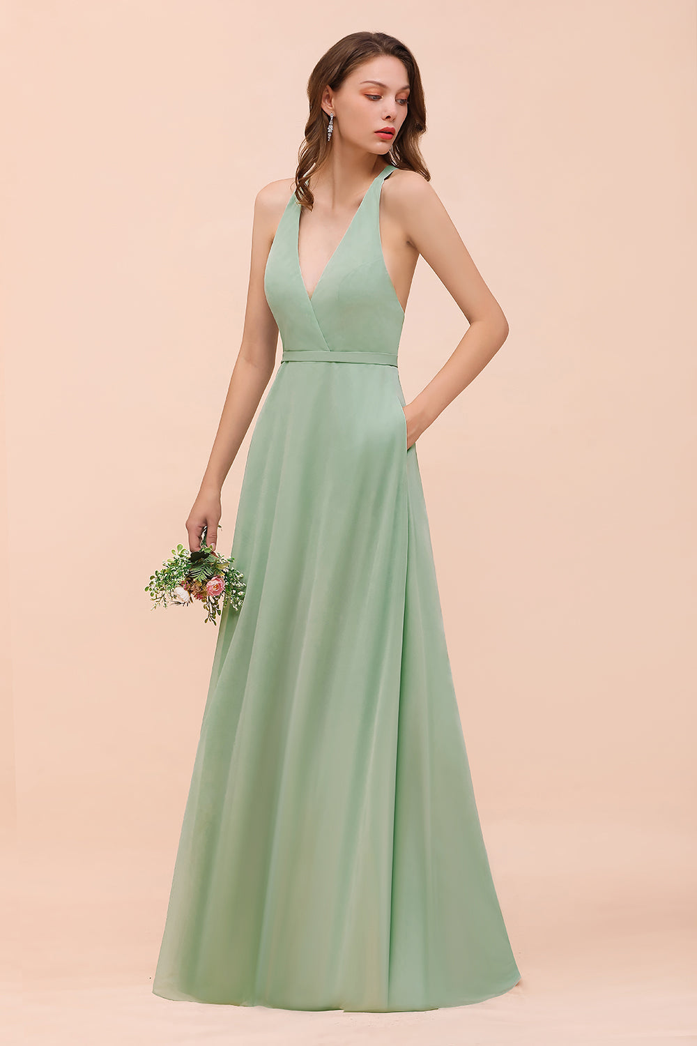 Glamorous Dusty Sage V-Neck Straps Affordable Bridesmaid Dress-Babyonlines