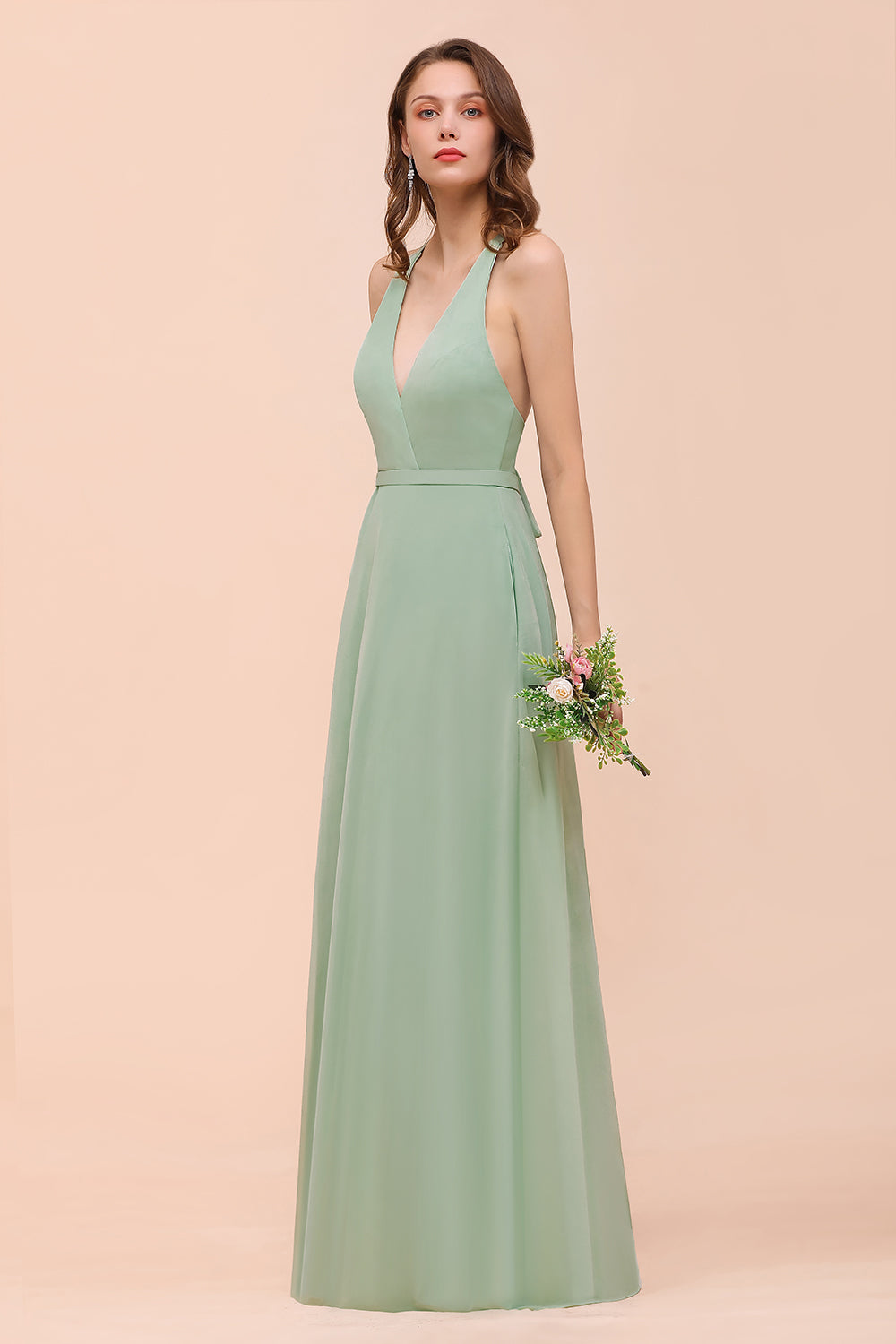 Glamorous Dusty Sage V-Neck Straps Affordable Bridesmaid Dress-Babyonlines