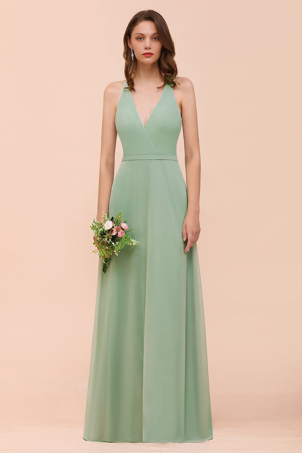 Glamorous Dusty Sage V-Neck Straps Affordable Bridesmaid Dress-Babyonlines