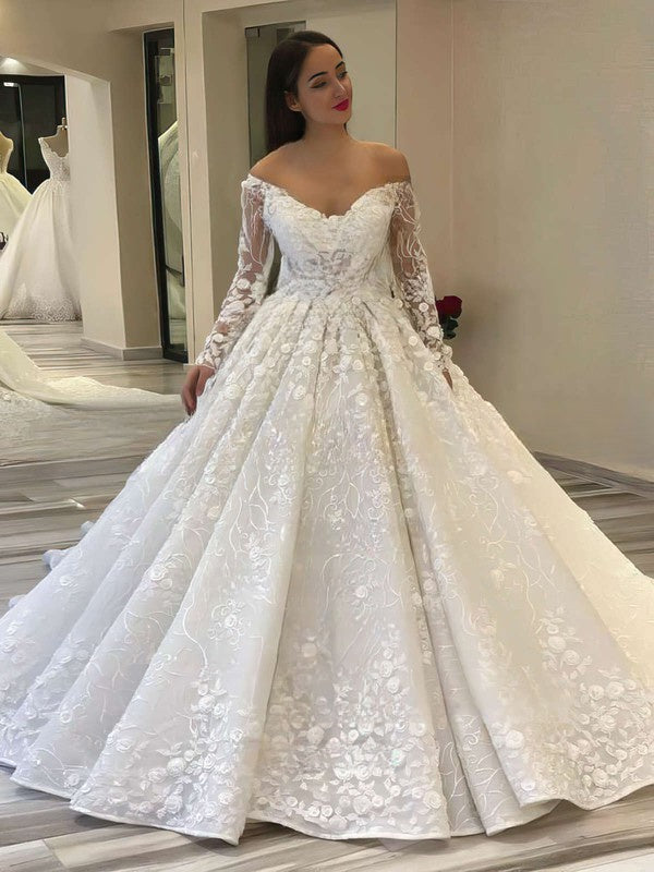 Glamorous Off-the-shoulder Satin Court Train Wedding Dress with Flower(s)