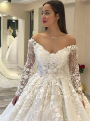 Glamorous Off-the-shoulder Satin Court Train Wedding Dress with Flower(s)