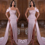 Glamorous One Shoulder Mermaid Evening Dress with Sequins Ruffles and Slit