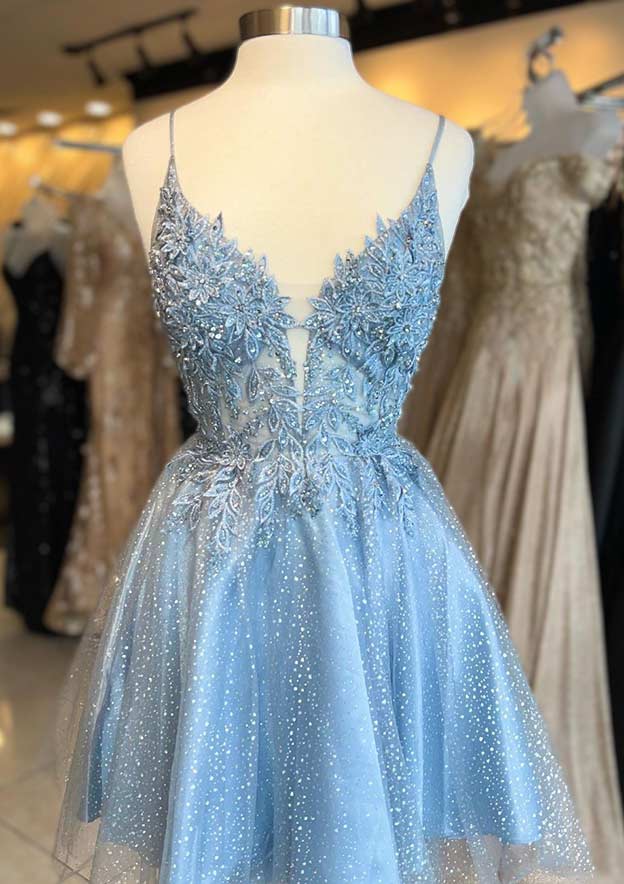 A-line V Neck Sleeveless Short/Mini Tulle Homecoming Dress with Appliqued Beading Glitter - Babyonlines