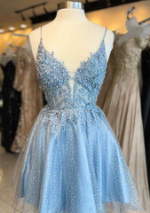 A-line V Neck Sleeveless Short/Mini Tulle Homecoming Dress with Appliqued Beading Glitter - Babyonlines