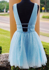 A-line V Neck Sleeveless Tulle Dress With Beading Glitter for Homecoming - Babyonlines