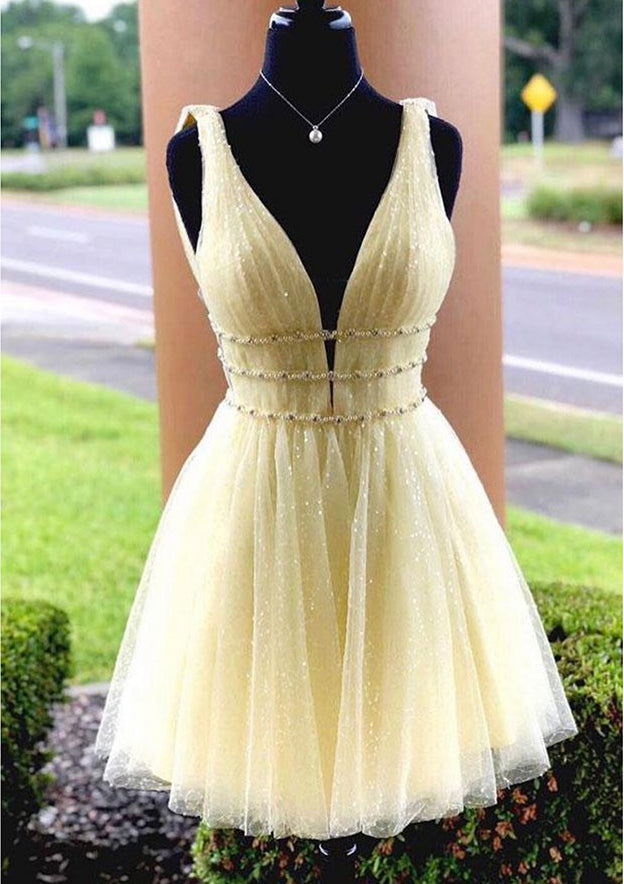 A-line V Neck Sleeveless Tulle Dress With Beading Glitter for Homecoming - Babyonlines