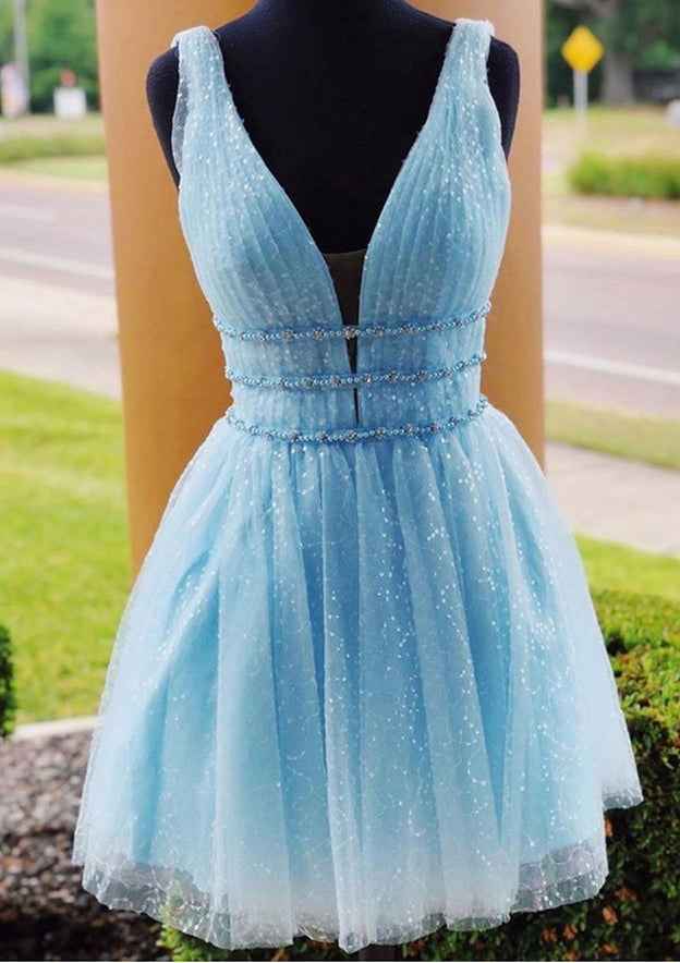 A-line V Neck Sleeveless Tulle Dress With Beading Glitter for Homecoming - Babyonlines