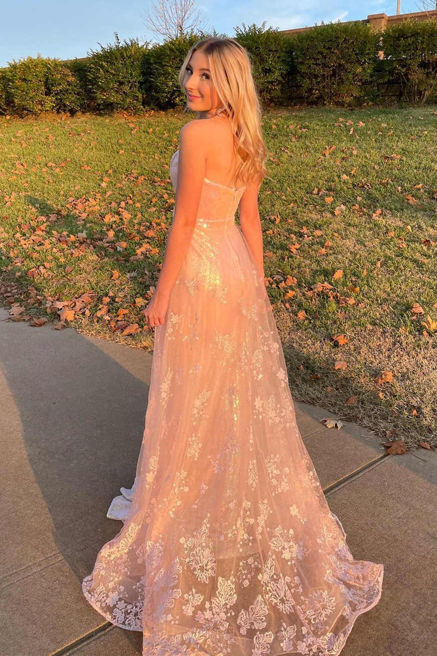 Glitter Strapless Rose Gold Formal Dress