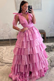 Glitter Tie Straps Pink Plunging Neck Tiered Long Prom Dress