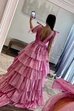 Glitter Tie Straps Pink Plunging Neck Tiered Long Prom Dress