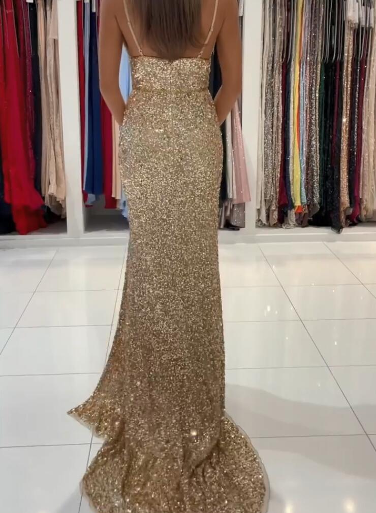 Gold Sequins Mermaid Prom Dress with Slit