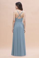 Gorgeous A-Line Straps Dusty Blue Chiffon Bridesmaid Dress with Ruffles On Sale-Babyonlines