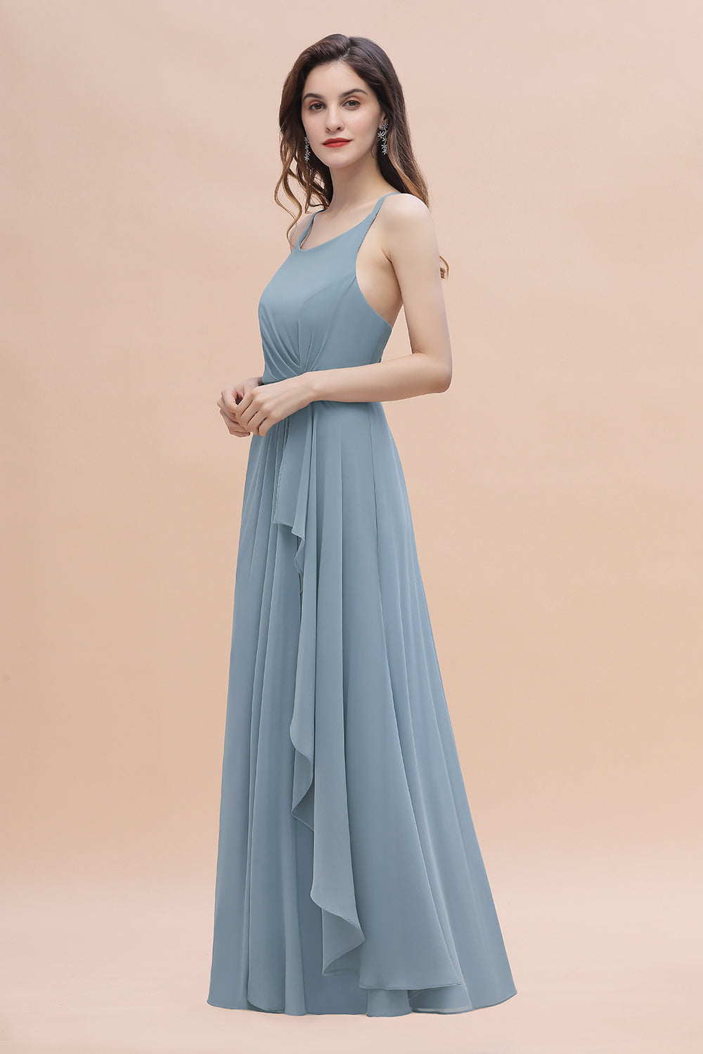 Gorgeous A-Line Straps Dusty Blue Chiffon Bridesmaid Dress with Ruffles On Sale-Babyonlines