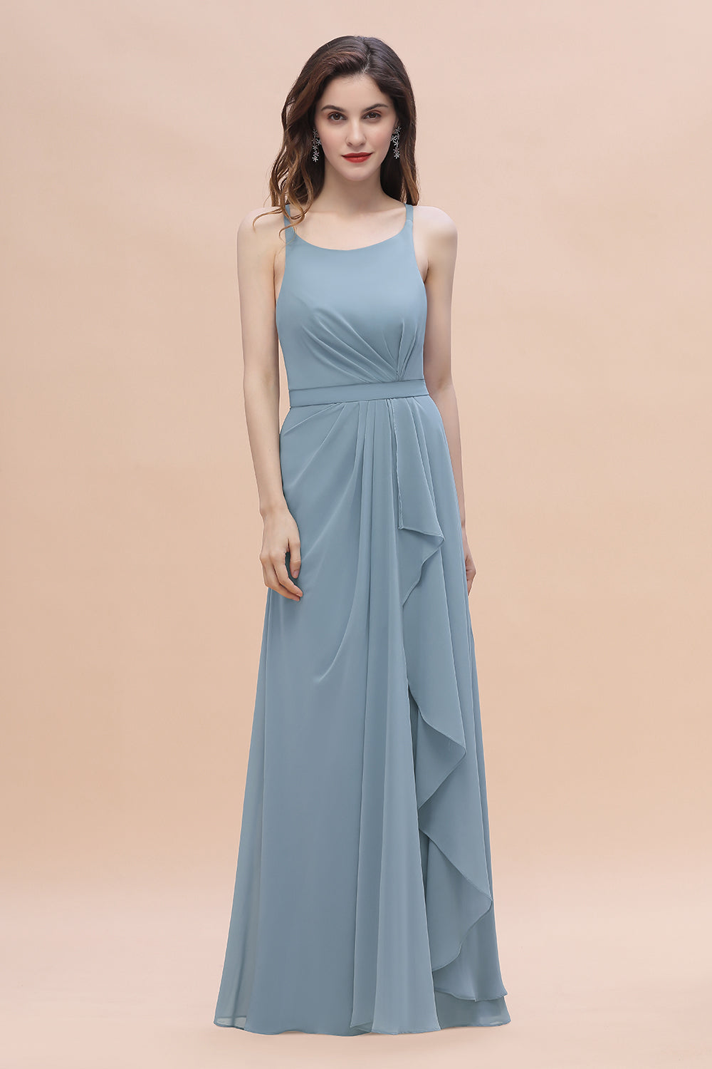 Gorgeous A-Line Straps Dusty Blue Chiffon Bridesmaid Dress with Ruffles On Sale-Babyonlines