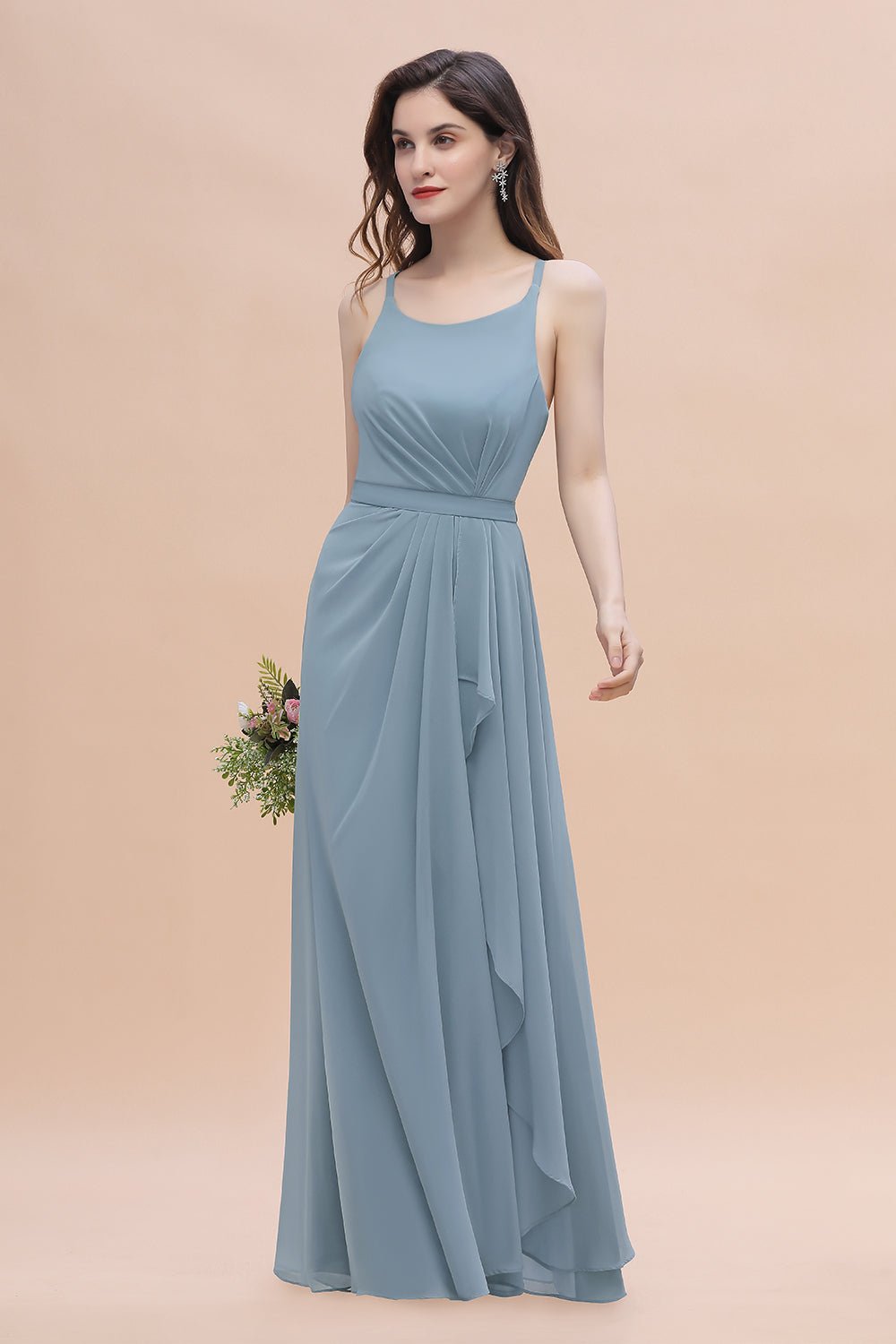 Gorgeous A-Line Straps Dusty Blue Chiffon Bridesmaid Dress with Ruffles On Sale-Babyonlines