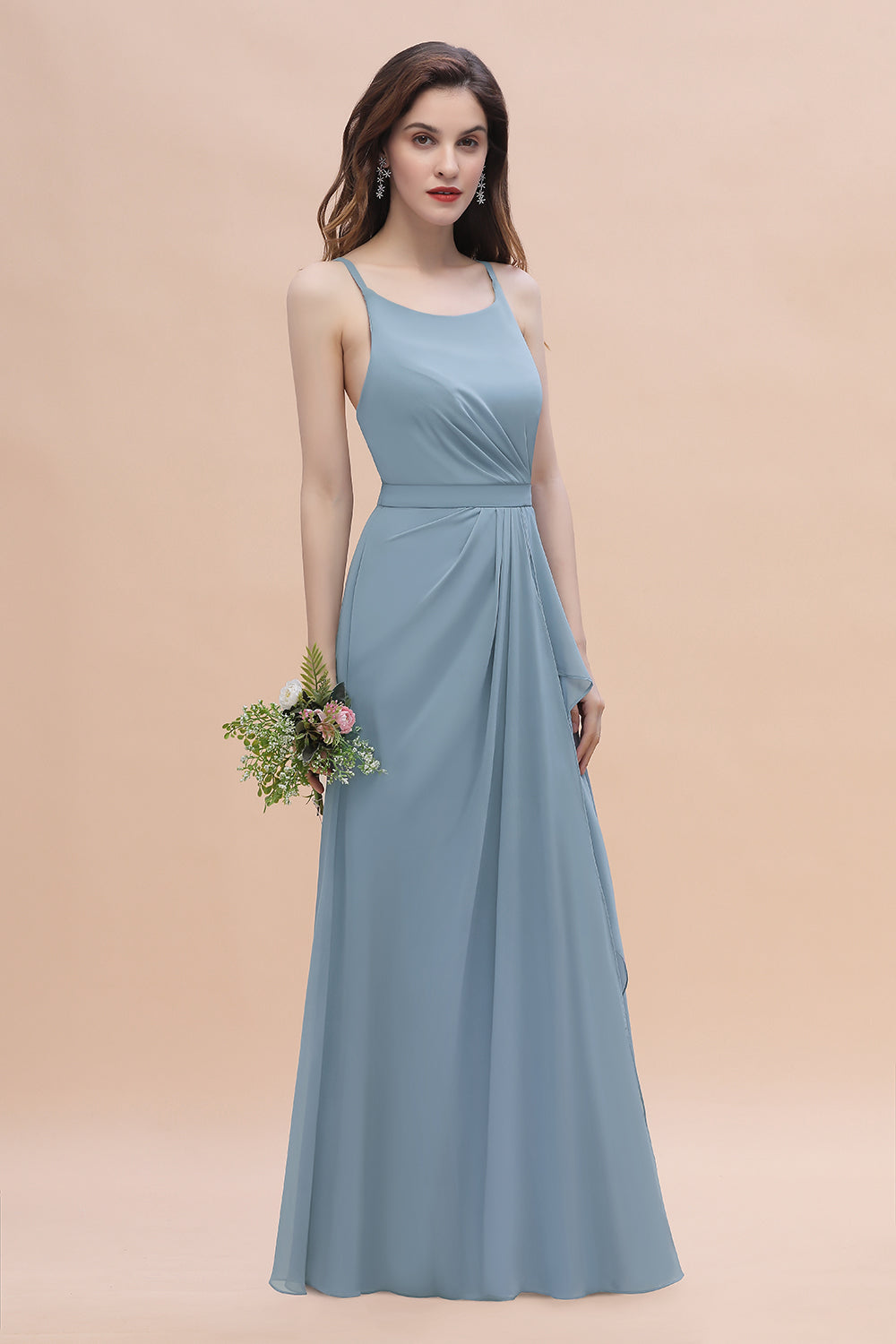 Gorgeous A-Line Straps Dusty Blue Chiffon Bridesmaid Dress with Ruffles On Sale-Babyonlines